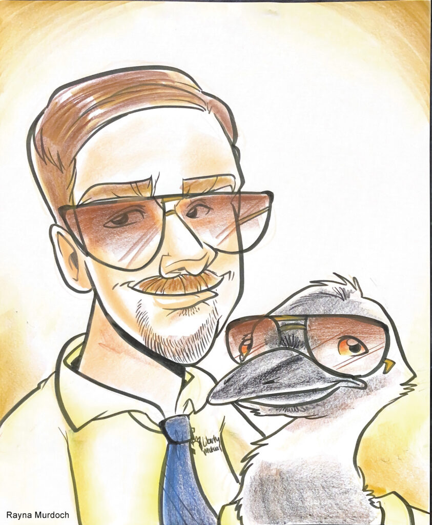 Color caricature of a guest and his pet